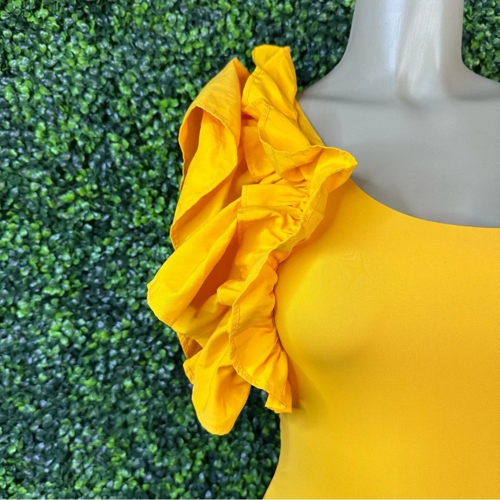 Zara yellow ruffle one  sleeve‎ swim one piece